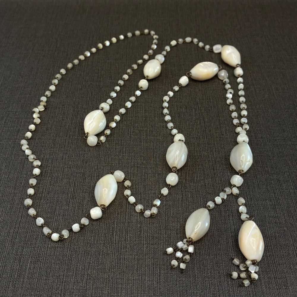 Vintage Art Deco Mother Of Pearl Necklace Rope Tassels Shell Beads Long Antique